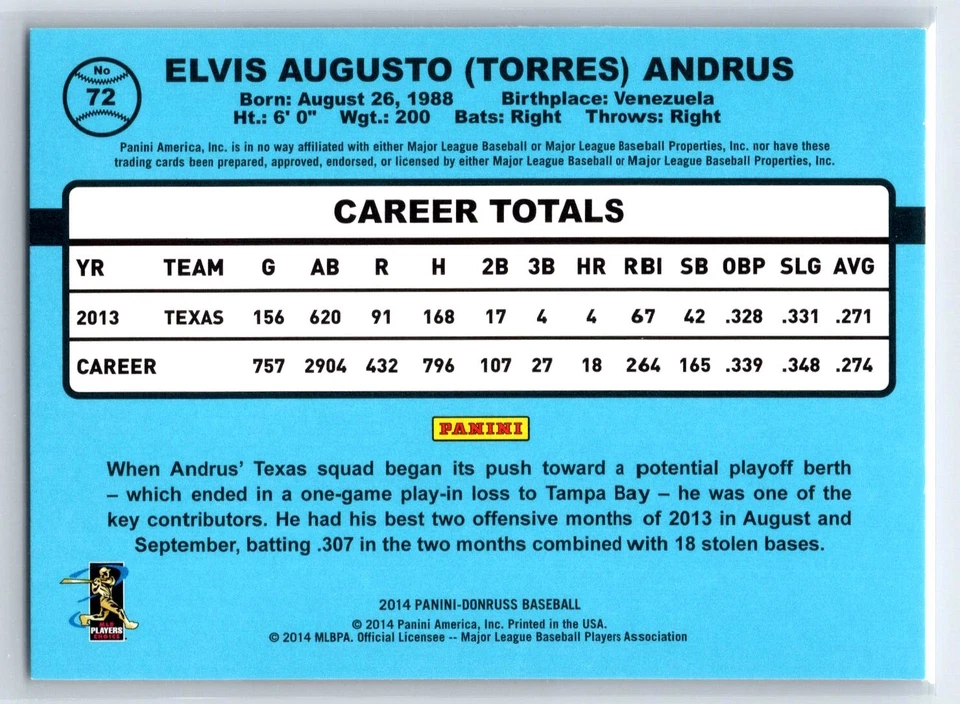 2014 Donruss Elvis Andrus Texas Rangers #72 - Image 2 of 2