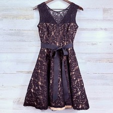 Betsy & Adam Black Tan Lace Fit & Flare Dress with Ribbon Belt Party Size 10