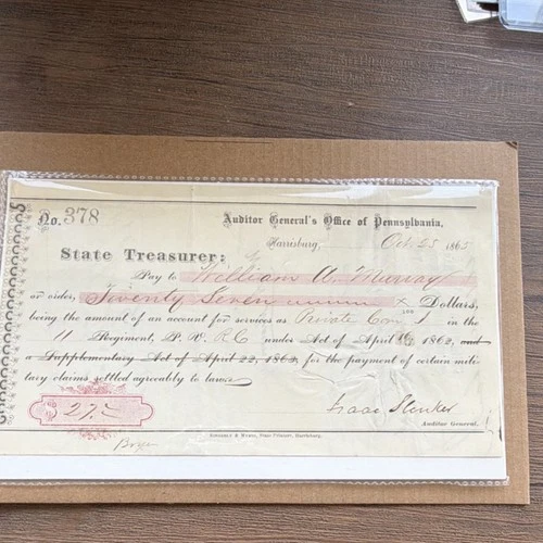 Pennsylvania Civil War Military Payment Document Original Dated October 25, 1865