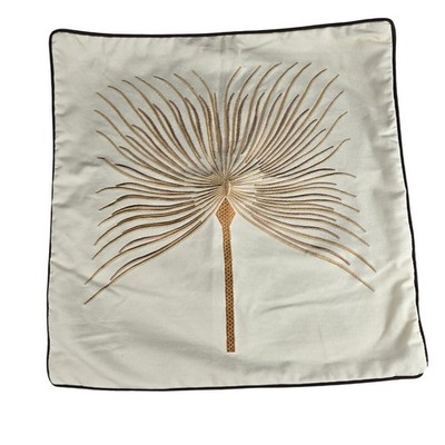Hodeco Gold Embroidered Fan Palm Throw Pillow Cover 18x18 Cream Cotton