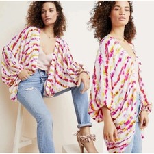 Anthropologie Tie Dye Kimono Open Front Pink Yellow White Bohemian Cover Up