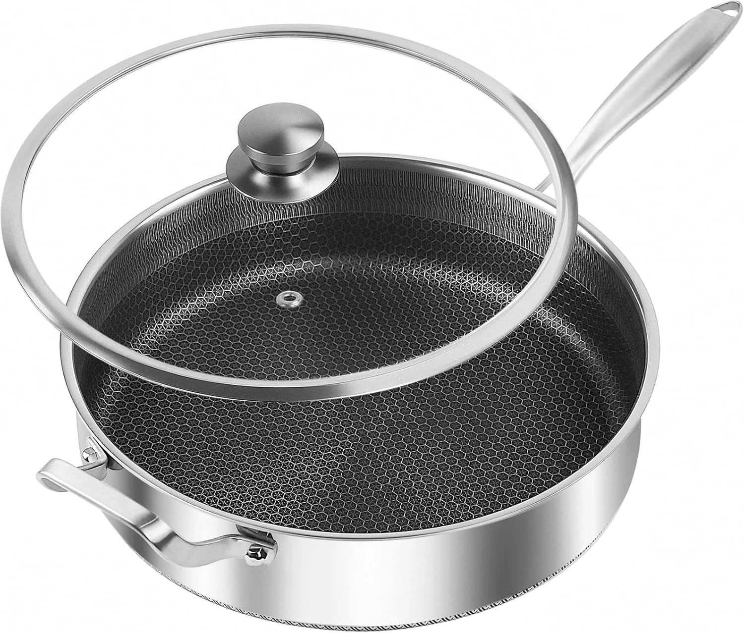 13.5" Nonstick Tri-Ply Frying Pan with Lid - PFOA Free Stainless Steel