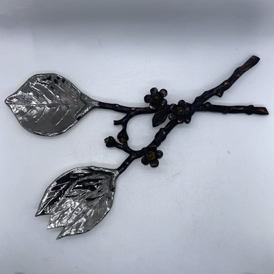 Michael Aram Salad  Servers Branch Twig Handles Topaz Bead Flowers Coppery Metal