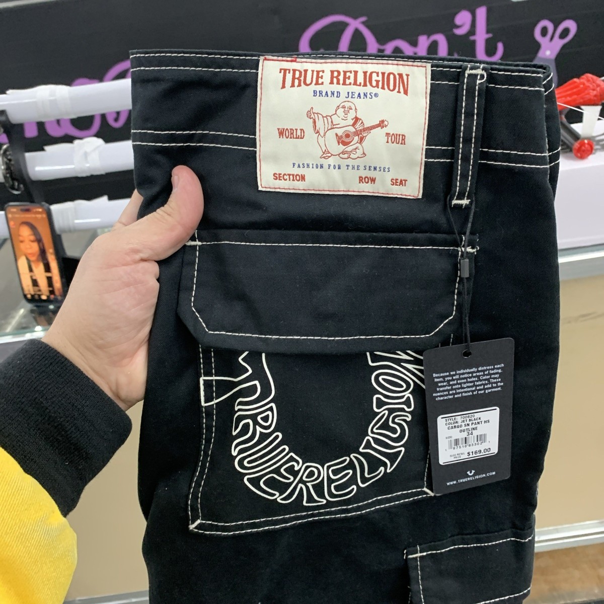True Religion Men's Jet Black Cargo SN Pants HS Outline Size 34