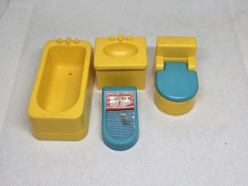 Vintage Fisher Price little people yellow/blue bathroom set: Toilet Sink Tub