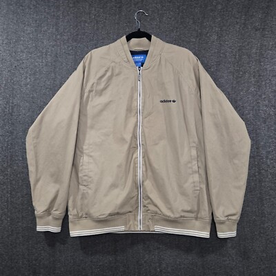 Adidas Bomber Jacket Khaki Sz XL Three Stripes Beige Cotton 2014
