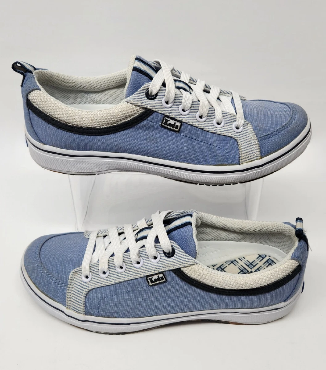 Blue and white striped keds top