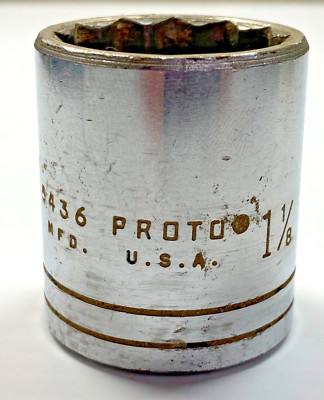Vintage PROTO Tools 5436 - 1-1/8'' Chrome Socket 1/2'' Drive 12 Point USA Proto