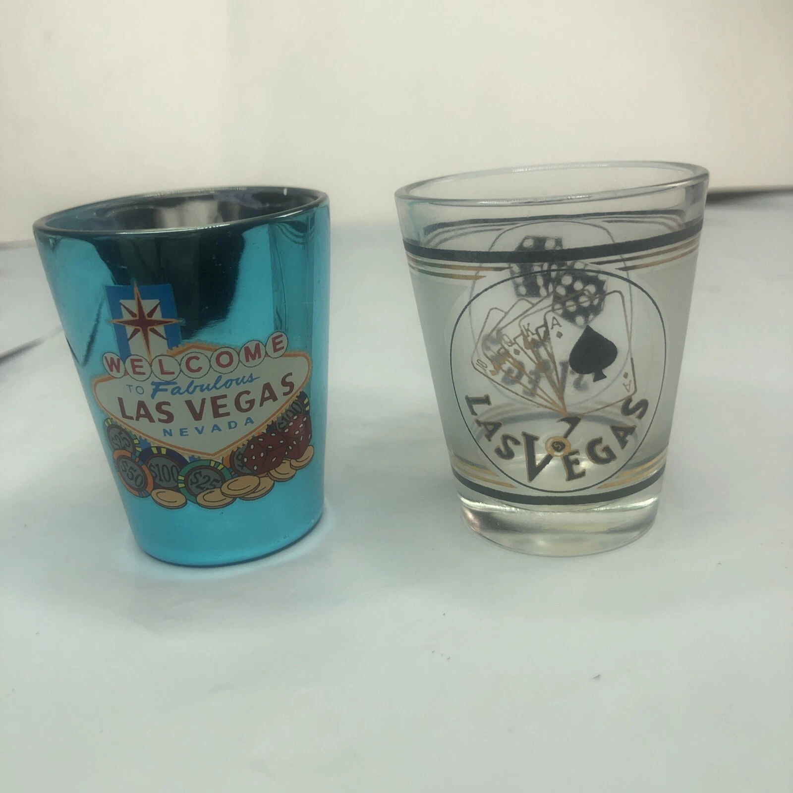 Original Lot of 2 Vintage LAS VEGAS White and Green Shot Glasses 2.5X1.5"