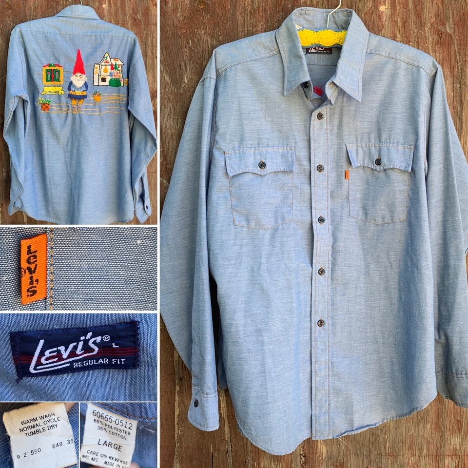 Camisa De Colección Levi’s Cambray Bordada Gnomo Gnomos Trabajo Occidental Naranja Pestaña L Foto 3 de 4