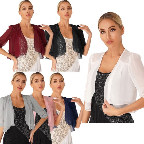 UK Womens Ruffle Bolero Shrug Half Sleeve Open Front Chiffon Cardigan Cover Up - Picture 3 of 88