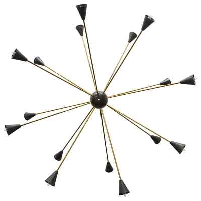 16 Arms Raw Brass Sputnik Chandelier Black Cone Italian Iconic Ceiling Pendant