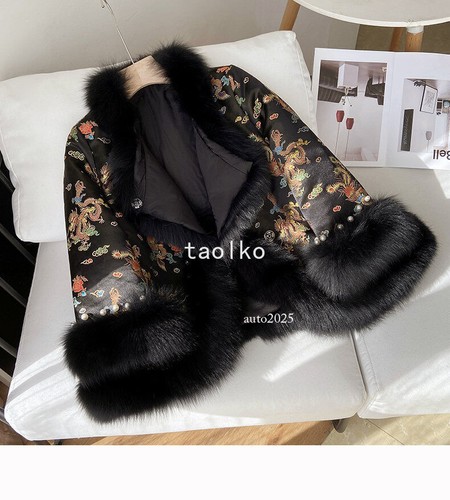 Chinese Style Women Faux Fur Collar Coat Embroidery Cotton Padded Cloak Overcoat - Picture 13 of 25