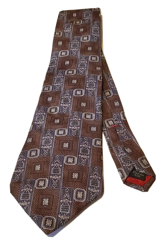 男式领带 100% 意大利丝绸几何棕色/白色 L 57 英寸 W 5 — 第 3/4 张图片