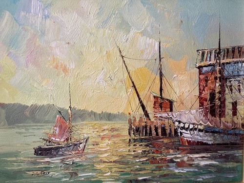 P.G. Pintura al óleo original TIELE barcos en muelle vintage Italia enmarcado 24"x20" - Imagen 2 de 12