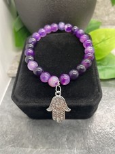 1 PC Handmade 8mm Stone Bead 7.5" Plus Stretch Bracelet Jewish Hamsa A2696