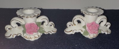 (PAIR) Dresden Crown over ''N'' Small Raised Rose Flower Candle Holders