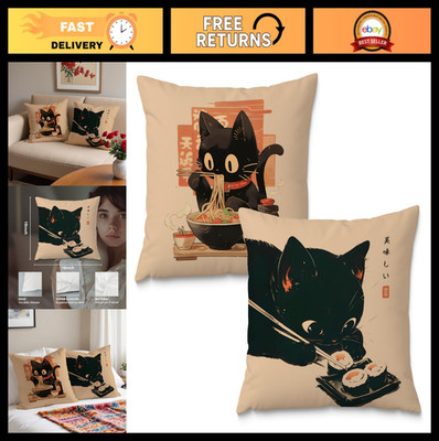 Vintage Black Cat Pillow Covers Set of 2, 18x18, Funny Sushi Ramen Decor, Aesthe