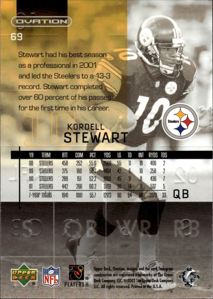 2002 Upper Deck Ovation #69 Kordell Stewart Pittsburgh Steelers - Image 2 of 2