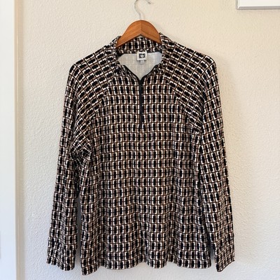 Anne Klein women's L pullover brown & black print mock neck 1/4 zip long sleeves