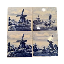 Vintage Lot 4 Delfts Blauw Hand Painted Wall Tile Made in Holland Windmill 4.25”
