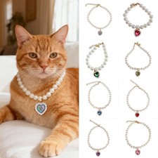 Pearl Cat Collars with Heart Pendant Cat Necklace Collars Wedding Party Pet