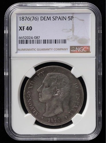 NGC XF40: Alfonso XII of Spain 5 Peseta Silver Coin (1876) / 43