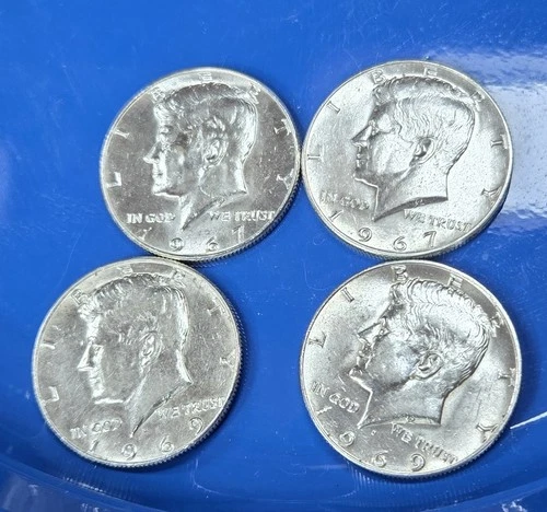 1967-69 Kennedy Half Dollars 4 Coin Lot 40 % Silver AU Condition Uncertified