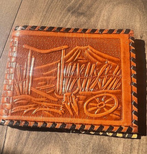 Tooled Western Cowboy Men s Bifold Wallet Brown/Black Braided Trim ID Snap
