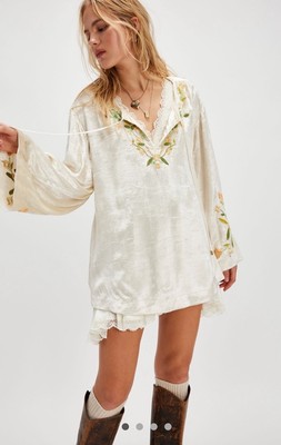 Free People Ember Embroidered Tunic Velvet Floral Bell Sleeves Tan Combo S NWT