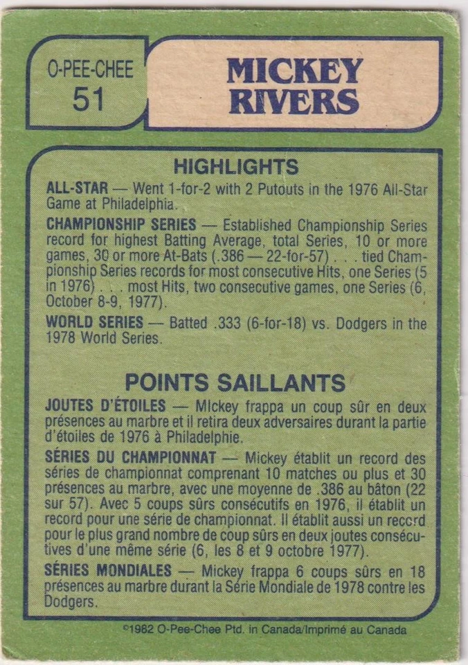 1982 O-pee-chee MLB #51 Mickey Rivers Rangers Angels Yankees - Image 2 of 2
