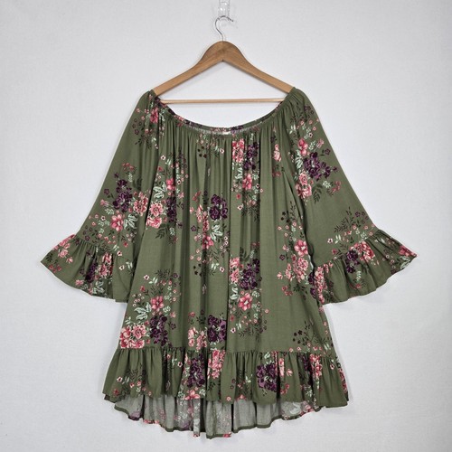 Terra & Sky Bauern Tunika Oberteil 2x grün Blumen Rüschen 3/4 Arm Boho feminin - Bild 11 von 11