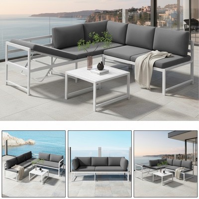Sitzgruppe Aluminium Lounge Ecksofa mit Liegefunktion wetterfest Weiß Tisch