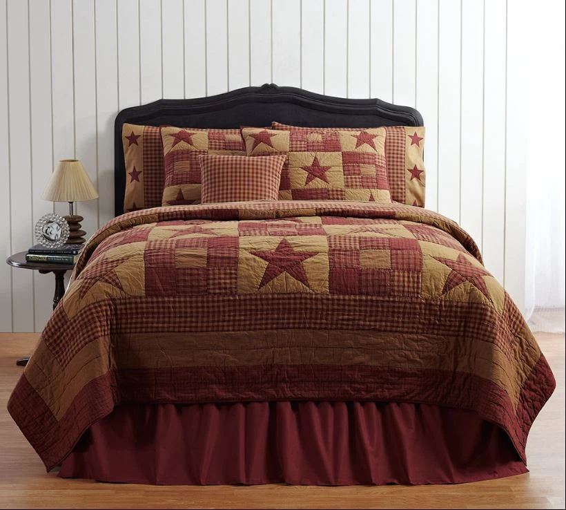 NINEPATCH STAR 1pc King QUILT : FARMHOUSE RED BROWN RUSTIC PRIMITIVE - Image 2 of 3