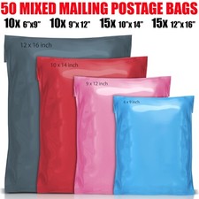 50 Mixed Mailing Postage Parcel  Poly Plastic Bags Grey Pink Blue Red in 4 Sizes