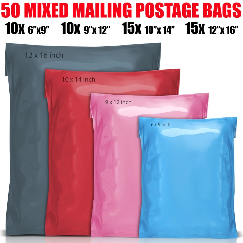 CRAZY4FONE 50 Mixed Mailing Postage Parcel Poly Plastic Bags Grey Pink Blue Red in 4 Sizes