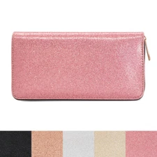 Premium Glitter Bling Smooth Vegan Leather Continental Zip Around Wallet