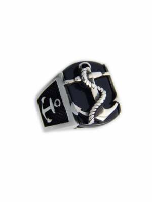 Man's 935 Argentium Silver Nautical Anchor Ring with Onyx Stone Unique Ring