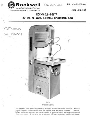 Delta Rockwell - 20'' Metal-Wood Variable Speed Bandsaw Instructions