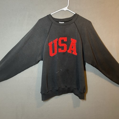 VINTAGE USA Patch L/S Raglanärmel Crew Erwachsene XL dunkelgrau Hanes Olympia
