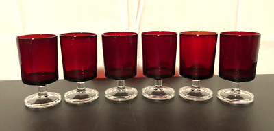 Set of 6 Ruby Red Small Glass Wine/Water Goblets/Luminarc Cavalier Footed 4 oz
