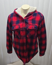 Boston Traders Women Jacket Small Red Buffalo Plaid Sherpa Lined Hooded jacket