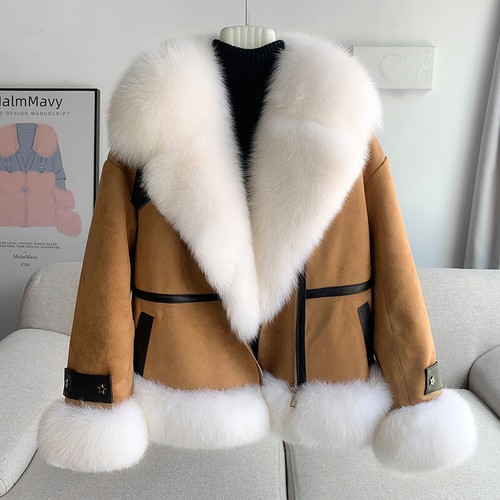 Fox Fur Jacket Women's Big Fur Collar Down Parka Suede Leather Coats Overcoats - Picture 4 of 23