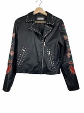Glamorous Womens Motorcycle Jacket Black Embroidered Studded Asymmetric Zip S
