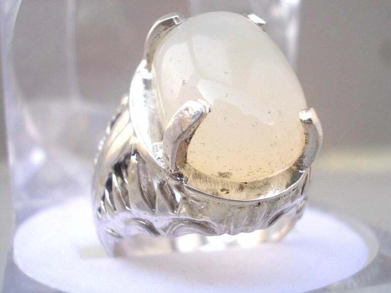 Anillo de ágata blanca piedras preciosas naturales anillos de hombre Aqeeq plata de ley 925  Foto 2 de 4