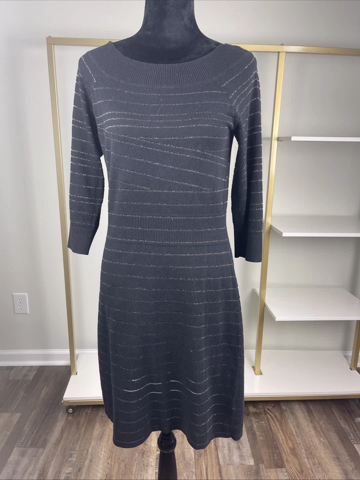 White House Black Market Black Knit Dress w/ Subtle Metallic Stripes – Size M - Image 2 of 4