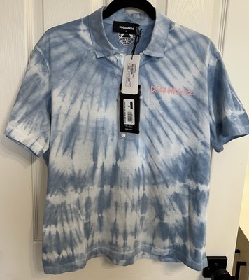 DSQUARED2 Tie-Dye Waves Box Fit Polo Shirt Multi-Blue Size L *See notes