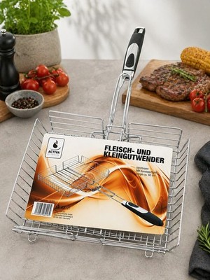 Activa Grillkorb Fleisch- & Kleingutwender BBQ verchromt mit Griff Grill Korb