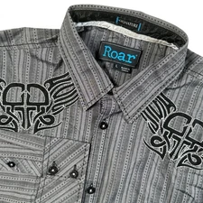 Roar Signature Mens LRG Gray Stripe Button Long Sleeve Embroidered Western Shirt