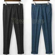Men Wool Blend Pants Herringbone Tweed British Retro Straight Trousers Slim Soft